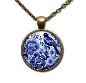 Blue and White Bird Glass Pendant Necklace