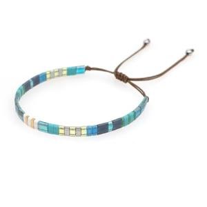 Sonateomber Flat Tile Beaded Adjustable Braided Friendship Stand Bracelets for Women Handmade Boho Blue Gold Square Beads Stackable Brown String Rope Bracelet Friend Holiday Jewelry Gift