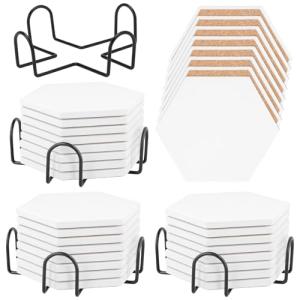 JAPCHET 32 PCS Blank Hexagon Ceramic Coasters with 4 Holders, White Unglazed Ceramic Tiles Coaster with Cork Backing Pads for Acrylic Pouring, Painting Projects