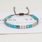 Sonateomber Flat Tile Beaded Adjustable Braided Friendship Stand Bracelets for Women Handmade Boho Blue Gold Square Beads Stackable Brown String Rope Bracelet Friend Holiday Jewelry Gift