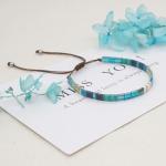 Sonateomber Flat Tile Beaded Adjustable Braided Friendship Stand Bracelets for Women Handmade Boho Blue Gold Square Beads Stackable Brown String Rope Bracelet Friend Holiday Jewelry Gift