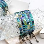 Sonateomber Flat Tile Beaded Adjustable Braided Friendship Stand Bracelets for Women Handmade Boho Blue Gold Square Beads Stackable Brown String Rope Bracelet Friend Holiday Jewelry Gift