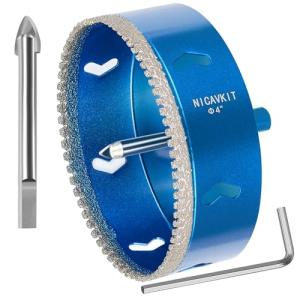 NICAVKIT 4 Inch Diamond Hole Saw Bits with Pilot Drill Bit, 4" Serrated Brazing Tile Hole Saw Diamond Tipped Drill Bits for Porcelain Tile Ceramic Stone Granite Marble Glass Bottles