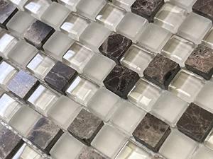 Tenedos Dark Emperador Marble with Beige Glass Frosted 5/8 Square Mosaic Wall Decor Tile for Kitchen Backsplash, Accent Wall, Bathroom Wall (1 Sheet)