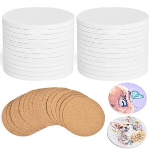 COYMOS 24 Pcs Round Ceramic Tiles for Crafts 4x4 White Ceramic Coasters for Crafts with Cork Backing Pads Blank Unglazed Tiles for Painting, Alcohol Ink, Acrylic Pouring, DIY Coaster