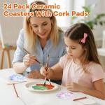 COYMOS 24 Pcs Round Ceramic Tiles for Crafts 4x4 White Ceramic Coasters for Crafts with Cork Backing Pads Blank Unglazed Tiles for Painting, Alcohol Ink, Acrylic Pouring, DIY Coaster