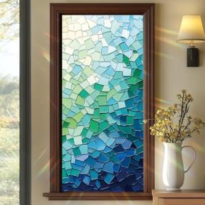 SHENGYUMY Mosaic Window Film Blue Green Gradient Static Cling Privacy Window Sticker No Glue Frosted Glass Covering UV Blocking Decorative Film for Bathroom Kitchen 17.7 x 39.3 Inch