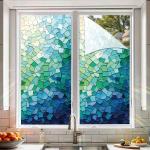 SHENGYUMY Mosaic Window Film Blue Green Gradient Static Cling Privacy Window Sticker No Glue Frosted Glass Covering UV Blocking Decorative Film for Bathroom Kitchen 17.7 x 39.3 Inch