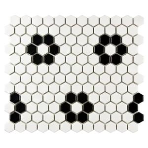 Tenedos Hexagon Matte White with Black Hexagon Flower Pattern Porcelain Mosaic Floor and Wall Tile for Kitchen Backsplash, Bathroom Walls, Accent Walls and Floors (10 Sheets)