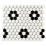 Tenedos Hexagon Matte White with Black Hexagon Flower Pattern Porcelain Mosaic Floor and Wall Tile for Kitchen Backsplash, Bathroom Walls, Accent Walls and Floors (10 Sheets)