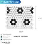 Tenedos Hexagon Matte White with Black Hexagon Flower Pattern Porcelain Mosaic Floor and Wall Tile for Kitchen Backsplash, Bathroom Walls, Accent Walls and Floors (10 Sheets)