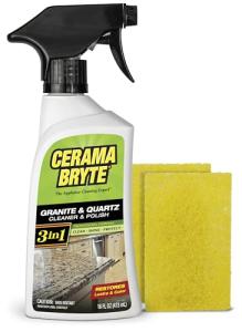 Cerama Bryte Granite and Quartz Daily Cleaner & Polish Safely Also Use On Marble Soapstone Quartz Quartzite Slate Limestone Corian Laminate Tile Countertop, 16 Ounce + 2 Pads