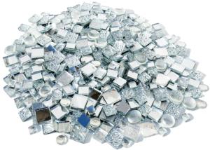 CHICSHIS 2.2 lbs Real Mirror Tiles for DIY Mosaic Crafts, 15mm & 20mm Silver Textured Mosaic Squares with Mixed Shapes and Iridescent Clear Glass Gems – Glass Mosaic Set for Decorative Projects