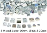 CHICSHIS 2.2 lbs Real Mirror Tiles for DIY Mosaic Crafts, 15mm & 20mm Silver Textured Mosaic Squares with Mixed Shapes and Iridescent Clear Glass Gems – Glass Mosaic Set for Decorative Projects