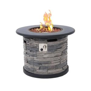 32-Inch Outdoor Porcelain Tile Gas Fire Table, 50,000 BTU Round Propane Fire Pit Table, Concrete Composite Firepit Base with Faux Stacked Stone Texture, Lid, Lava Rocks, Push-Button Ignition, Cover