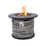 32-Inch Outdoor Porcelain Tile Gas Fire Table, 50,000 BTU Round Propane Fire Pit Table, Concrete Composite Firepit Base with Faux Stacked Stone Texture, Lid, Lava Rocks, Push-Button Ignition, Cover