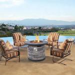 32-Inch Outdoor Porcelain Tile Gas Fire Table, 50,000 BTU Round Propane Fire Pit Table, Concrete Composite Firepit Base with Faux Stacked Stone Texture, Lid, Lava Rocks, Push-Button Ignition, Cover