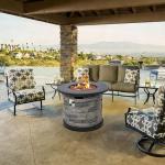 32-Inch Outdoor Porcelain Tile Gas Fire Table, 50,000 BTU Round Propane Fire Pit Table, Concrete Composite Firepit Base with Faux Stacked Stone Texture, Lid, Lava Rocks, Push-Button Ignition, Cover