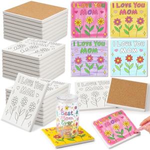 30 Set Mother's Day Crafts Bulk I Love You Mom DIY Ceramic Tiles, 4x4 Make Your Own Mother's Flower Coasters with Backing Pads for Painting, Unglazed Ceramic Crafts for School Classroom Activities