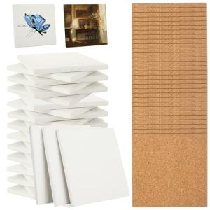 AKOLAFE 24 Sets Square Ceramic Tile 4x4 Ceramic Tiles for Coasters Unglazed Ceramics Tiles with Cork Backing Pads Blank 4x4 Tiles Ceramics Tile for Crafts Projects Use with Alcohol Ink/Acrylic Pouring