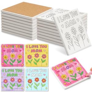 20 Set Mother's Day Crafts Bulk I Love You Mom DIY Ceramic Tiles, 4x4 Make Your Own Mother's Flower Coasters with Backing Pads for Painting, Unglazed Ceramic Crafts for School Classroom Activities