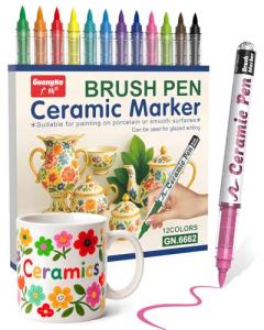 Guangna 12 Colors Permanent Ceramics Paint Pens, 1-8mm Brush Tip Porcelain Markers, Arcylic Paint Markers Waterproof & Fade Resistant, Suitable for Wine, Mugs, Christmas Art, Unglazed Ceramics