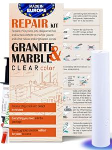 Granite Countertop Repair Kit (Clear Color + Polisher) - Made by Engineers I Also for Marble, Quartz, Acrylic, Fiberglass, Porcelain, Tile & Ceramic Surfaces I Easy Process & Quick Results