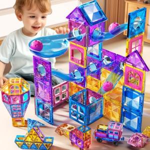 Magnetic Tiles Educational Toys, 50PCS Magnetic Blocks Building Set with Marbles Run for Kids Ages 4-8, Magnet Tiles STEM Learning & Sensory Toys for Girls Boys Perfect Preschool Toy for Toddlers 3-5