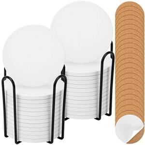 24 Pack Ceramic Tiles for Crafts with 2 Holders, White Unglazed Blank Ceramic Costers with Self-Adhesive Cork Backing Pads for Acrylic Pouring, Painting, Make Your Own DIY Coasters (Round)