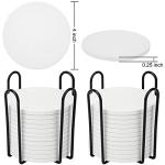 24 Pack Ceramic Tiles for Crafts with 2 Holders, White Unglazed Blank Ceramic Costers with Self-Adhesive Cork Backing Pads for Acrylic Pouring, Painting, Make Your Own DIY Coasters (Round)