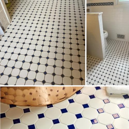 Matte White Octagon Mosaic Tile with Cobalt Dots