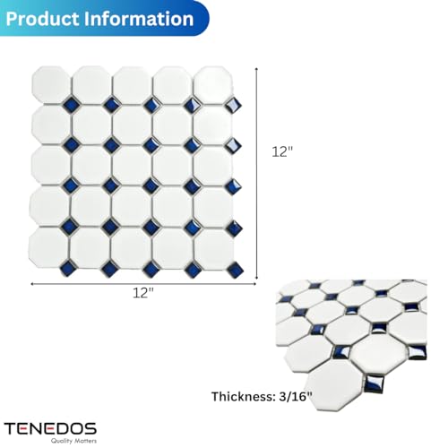 Matte White Octagon Mosaic Tile with Cobalt Dots
