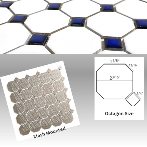 Matte White Octagon Mosaic Tile with Cobalt Dots