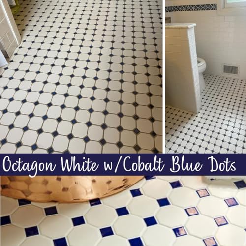 Matte White Octagon Mosaic Tile with Cobalt Dots