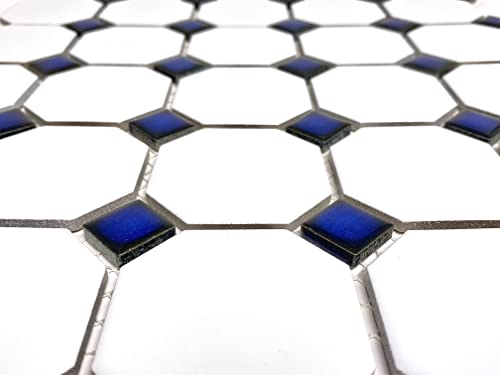Matte White Octagon Mosaic Tile with Cobalt Dots