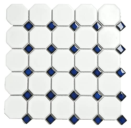 Matte White Octagon Mosaic Tile with Cobalt Dots