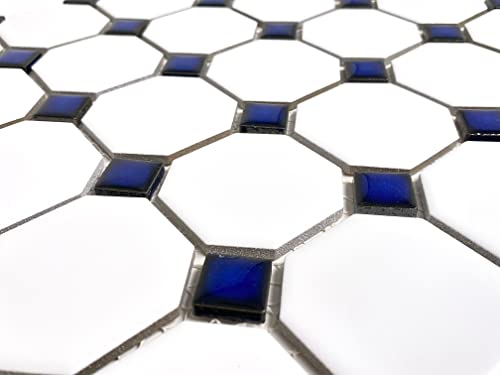 Matte White Octagon Mosaic Tile with Cobalt Dots