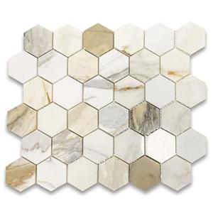 Tenedos Calacatta Gold Marble 2 inch Hexagon Mosaic Tile Polished for Kitchen Backsplash Bathroom Flooring Shower Surround Dining Room Entryway Corrido Spa (1 Sheet)