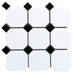 White Octagon Porcelain Mosaic Tile with Black Dots