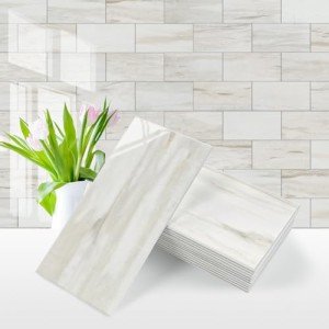 Vamos Tile 100-Piece Glossy Wooden Marble Grain Peel and Stick Backsplash Tile,3''x6'' PVC Subway Tile with White Grout, Stick on Backsplash for Kitchen/Bathroom/Fireplace