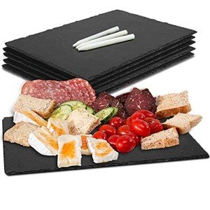 MAPRIAL Slate Cheese Boards, 6 Pack 8.8 x 6” Mini Slate Plates Black Charcuterie Boards Serving Tray Stone Plate Display Chalkboard with Soapstone Chalks for Halloween Christmas, Party, Gifts
