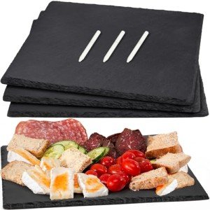 MAPRIAL 12 x 10 In 4 Pack Slate Cheese Boards, Black Stone Plates Charcuterie Board Gourmet Serving Tray Cheese Platter Display Chalkboard with Soapstone Chalk for Sushi, Party, Gifts, Meat, Appetizer