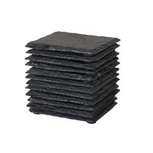 12 Pack 4 x 4 Inch Gorgeous Black Slate Stone Coasters Bulk Square Slate for Drink Bar Kitchen Home, Handmade Natural Rough Edge, Set of 12