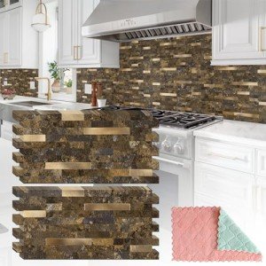 StyloVue 20 Sheets Peel and Stick Backsplash for Kitchen, Rust Slate with Metal Gold Look Stick on Tile Upgrade Your Kitchen Backsplash, RV, Fireplace