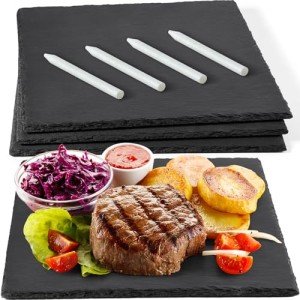 12x12 Inch Set of 3 Large Slate Cheese Board, GOH DODD Charcuterie Boards Stone Slate Plates, Laser Engraving Blanks with Chalk for Meat Fruit Appetizers Sussi Party Wedding Housewarming Gifts, Square