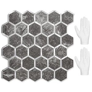 STICKGOO Hexagon Peel and Stick Backsplash Tile, Stick on Backsplash for Kitchen and Bathroom, Black Slate Look PVC Mixed Metal Silver Self Adhesive Wall Tiles(10 Sheets, Seamless)