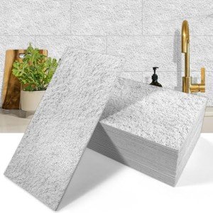 MOONFUN 50-Pieces Thick PVC Subway Tile,4"x 8" Peel and Stick Backsplash Wall Tiles,Natural Stone White Self-Adhesive Backsplash for Kitchen,Bathroom,Living Rooms,Fireplace,RV(11.11 Sq. Ft. Coverage)