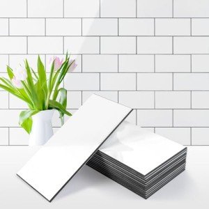 Vamos Tile 4-Piece Glossy Pure White Peel and Stick Backsplash Tile,3''x6'' PVC Subway Tile with Dark Gray Grout,Stick on Backsplash for Kitchen/Bathroom/Fireplace