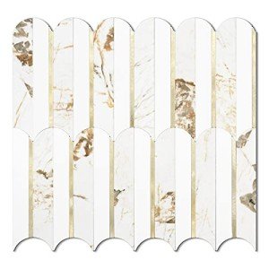 Vamos Tile Peel and Stick Backsplash Seamless Tile,10 Sheets Stick on Backsplash for Kitchen and Bathroom, 12''x12'' White Marble Look PVC Mixed Metal Gold Self Adhesive Fish Scale Mosaic Wall Tiles