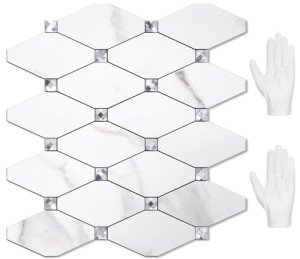 STICKGOO 10 Sheets Peel and Stick Backsplash, Calacatta Stick on Aluminum Composite Tiles Stikers, Self Adhesive Mixed Glass Backsplash for Kitchen, Bathroom, Fireplace, RV